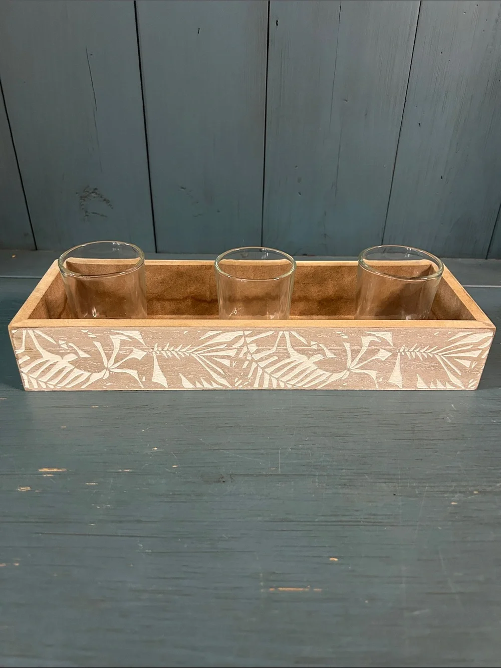 Wooden Decorative Tray with Three Glass Holders - Natural Candle Holder